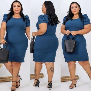 NEW Ribbed Princess Sleeves Dress Blue Large